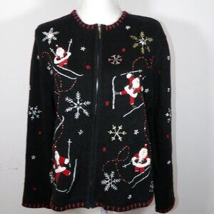 Segue Ho Ho Ho Christmas Sweater Cardigan Size L Black Women's Zip Front